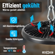 Ein schwarzer, runder LandXpert 4x 200-W-LED-Hallen-Strahler (24.000 lm, 5.000 K Tageslichtweiß, IP65) hängt an einer Deckenkette. Blau-rote Grafiken heben sein Aluminiumgehäuse und die stabilen Kühlrippen hervor. Der Text verweist auf eine effiziente Kühlung, gezielte Wärmeableitung und einen Betriebstemperaturbereich von -10 °C bis 40 °C.