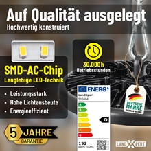 Werbefoto für den LandXpert 4x 200 W LED-Hallenstrahler (24.000 lm, 5.000 K tageslichtweiß, IP65). Merkmale: hochwertige Verarbeitung, SMD-AC-Chip, hoher Wirkungsgrad, 30.000 h Lebensdauer, 5 Jahre Garantie, deutsches Markenzeichen. Mit Energieeffizienz-Tabelle mit der Angabe 192 kWh/1.000 h.