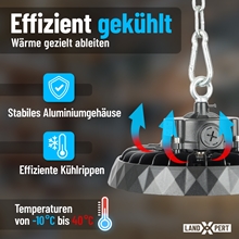 Abgebildet ist ein schwarzer, dimmbarer LandXpert 2x 100 W LED-Hallen-Strahler mit Aufhängekette. Im Text werden die effiziente Kühlung, das stabile Aluminiumgehäuse und die Kühlrippen hervorgehoben. Der Betrieb ist bei Temperaturen von -10 °C bis 40 °C möglich, die Lichtleistung beträgt 15.575 lm bei 5.000 K Tageslichtweiß (IP65).