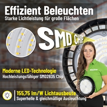 Nahaufnahme einer runden LED-Leuchte (LandXpert 100W Hallenstrahler) mit SMD-Chips. Der deutsche Text überlagert das Bild und hebt die effiziente Beleuchtung, die leistungsstarke Technologie sowie die Lichtausbeute von 155,75 lm/W für gleichmäßiges Licht in der Farbtemperatur 5000 K (Tageslichtweiß) von LandXpert hervor.