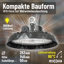 Ein schwarzer, UFO-förmiger LandXpert LED-Hallenstrahler (2 × 100 W, 15.575 lm, 5.000 K Tageslichtweiß, IP65) ist aufgehängt. Text-Highlights: kompakte Bauform, Weitwinkelausleuchtung (90°), dimmbar, 253 mm Durchmesser, 140 mm Höhe, 50 cm Kabel. LandXpert-Logo unten rechts.