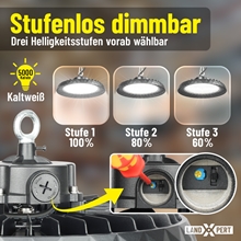 2x LandXpert 150-W-LED-Hallenstrahler, dimmbar mit drei wählbaren Helligkeitsstufen (100 %, 80 %, 60 %) und 5000 K Tageslichtweiß. Nahaufnahme: Drehrad und Hand mit Schraubendreher. LandXpert-Logo unten rechts. IP65, 22.975 lm.
