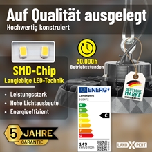 Deutsche Anzeige für 2x LandXpert 150 W LED-Hallenleuchten, dimmbar, 22.975 lm, 5.000 K Tageslichtweiß, IP65. Die Symbole weisen auf 5 Jahre Garantie, eine Lebensdauer von 30.000 Stunden und die Effizienzklasse E hin. Hervorgehoben sind: SMD-Chips, technische Highlights sowie das „Deutsche Marke“-Label auf grau-gelbem Hintergrund; Nahaufnahmen von LED und Gehäuse sind zu sehen.
