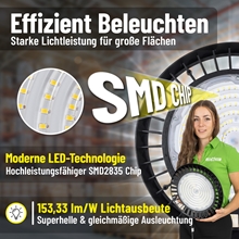 Der LandXpert 150W LED-Hallenstrahler verfügt über eine kreisförmige SMD2835-Chipanordnung und bietet eine effiziente Beleuchtung sowie eine hohe Lichtleistung von 22.975 lm bei 153,33 lm/W. Er eignet sich ideal für große Flächen und bietet dimmbare, moderne LED-Technologie, Tageslichtweiß (5.000 K) sowie Schutzart IP65.