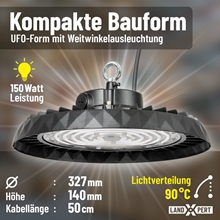 Schwarzes, UFO-förmiges LandXpert LED-Hallenstrahler-Set (2 × 150 W, dimmbar), mit Aufhängehaken und 50 cm langem Kabel. 90°-Weitwinkelausleuchtung, 327 mm breit × 140 mm hoch. Lichtleistung 22.975 lm bei Tageslichtweiß (5000 K), Schutzart IP65 für lange Lebensdauer.
