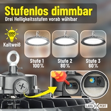 Produktbild von 2x LandXpert 200W LED-Hallenstrahler (30500 lm, 5000 K Tageslichtweiß, IP65) mit drei voreingestellten Helligkeitsstufen (100 %, 80 %, 60 %) und stufenloser Dimmbarkeit. Eine Einblendung zeigt einen Benutzer, der mit einem Schraubendreher einen blauen Drehregler einstellt. Deutscher Text: „Stufenlos dimmbar. Drei Helligkeitsstufen vorab wählbar. 5000 Kelvin Kaltweiß.“ LandXpert-Logo unten rechts.