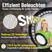 Eine Nahaufnahme des LandXpert 2x 200 W LED-Hallenstrahlers zeigt einen deutschen Text, der die effiziente Beleuchtung mit modernen SMD2835-LEDs, eine Lichtausbeute von 152,5 lm/W sowie eine gleichmäßige, helle Ausleuchtung hervorhebt – ideal für große Flächen. Dimmbar, 30.500 lm, 5.000 K tageslichtweiß, Schutzart IP65.