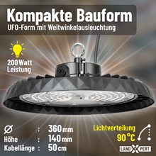 Ein dimmbarer LED-Hallen-Strahler vom Typ LandXpert 2x 200 W mit schwarzem, UFO-förmigem Gehäuse hängt an einem 50 cm langen Kabel. Der deutsche Text weist auf das kompakte Design, eine Lichtleistung von 30.500 lm, Tageslichtweiß (5.000 K), die Schutzart IP65, einen Abstrahlwinkel von 90° sowie die Abmessungen Ø 360 mm x H 140 mm hin.