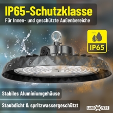 2x LandXpert 200-W-LED-Hallenfluter, dimmbar, 30.500 lm, 5.000 K Tageslichtweiß. Mit robustem Aluminiumgehäuse und Schutzklasse IP65: staubdicht und geschützt gegen Strahlwasser – ideal für den Innenbereich und geschützte Außenbereiche. Marke: LandXpert.
