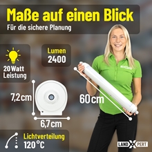 Eine Frau hält eine LandXpert 20W, LED-Feuchtraumleuchte, 60 cm, 2400 lm, 5000 K Tageslichtweiß, IP65, in der Hand hält, zusammen mit einer Infografik, die die technischen Daten der Leuchte zeigt, darunter eine Leistung von 20 Watt, 2400 Lumen, eine Länge von 60 cm, Abmessungen von 7,2 cm × 6,7 cm und einen Abstrahlwinkel von 120 Grad.