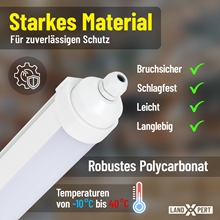LandXpert 4x 20 W LED-Feuchtraumleuchte, 60 cm, 2400 lm, 5000 K Tageslichtweiß, IP65, mit robuster, bruchsicherer und schlagfester Polycarbonat-Konstruktion für den Einsatz bei Temperaturen von -10 °C bis 40 °C.