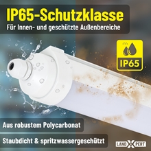 LandXpert 4x 40 W LED-Feuchtraumleuchte, 115 cm, 4800 lm, 5000 K Tageslichtweiß, Schutzart IP65 (staubdicht, spritzwassergeschützt), geeignet für den Einsatz in Innenräumen und geschützten Außenbereichen.