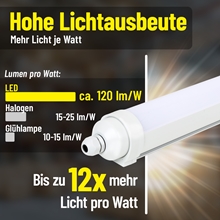 Infografik zum Vergleich der Effizienz einer 4x LandXpert 40W, einer LED-Feuchtraumleuchte, 115 cm, 4800 lm, 5000 K Tageslichtweiß, IP65 (ca. 120 lm/W) mit Halogen- und Glühlampen, aus der hervorgeht, dass LEDs bis zu 12-mal mehr Licht pro Watt liefern.