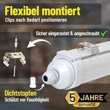 Montageanleitung für eine LandXpert 4x LandXpert 40W, LED-Feuchtraumleuchte, 115 cm, 4800 lm, 5000 K Tageslichtweiß, IP65, mit verstellbaren Befestigungsklammern, einem Verschlussstopfen und Hinweisen auf flexible Montage, sichere Befestigung und 5 Jahre Garantie.