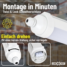 LandXpert 4x LandXpert 50W, LED-Feuchtraumleuchte, 150 cm, 6000 lm, 5000 K Tageslichtweiß, IP65 – Montageanleitung mit Abbildung des „Twist & Lock“-Mechanismus und deutschem Text zur schnellen und einfachen Montage.