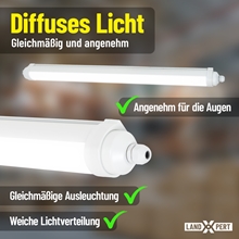 LandXpert 4x LandXpert 50W, LED-Feuchtraumleuchte, 150 cm, 6000 lm, 5000 K Tageslichtweiß, IP65 – Werbung, die eine gleichmäßige, angenehme und sanfte Lichtverteilung hervorhebt.