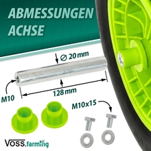 Pannensicheres Ersatzrad für Schubkarren mit schwarz-grüner Kunststofffelge, inkl. Metallachse (20 mm Ø, 128 mm Länge) und M10-Befestigungsbolzen.