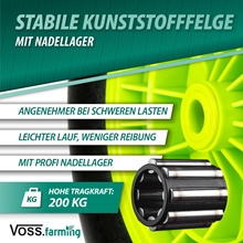 Robustes schwarz-grünes Kunststoffrad mit Achse, beschriftet mit „Pannensicheres Schubkarren-Ersatzrad mit Kunststofffelge“, mit dem Markenzeichen „Voss.farming“, ausgelegt für eine Belastung von 200 kg, pannensicher.