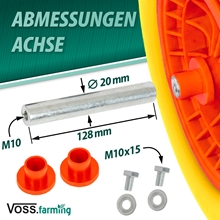 Pannensicheres Ersatzrad für Schubkarren mit gelb-roter Kunststofffelge, inkl. 128 mm Metallachse (20 mm Ø) mit roten Buchsen und Bolzen.