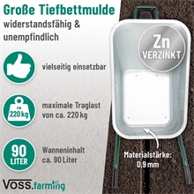 VOSS.farming Schubkarre - 90 Liter, 220kg Tragkraft, verzinkte Wanne, Luftreifen mit Metallfelge