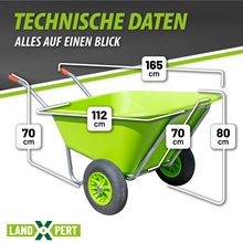 Die LandXpert Schubkarre, eine grüne 250-Liter-Schubkarre mit zwei Rädern, Kunststoffwanne und Luftreifen, ist 165 cm lang, eine Ladefläche von 112 cm, ist 70 cm hoch und breit und hat eine Griffhöhe von 80 cm.