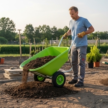 Ein Mann mit Handschuhen schüttet unter strahlend blauem Himmel Erde aus einer LandXpert-Schubkarre – 250 Liter, grün, doppelt bereift, mit Kunststoffwanne und Luftreifen – auf den Gartenboden.