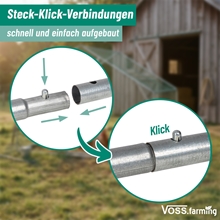 Das VOSS.farming Hühner Freilaufgehege 170x300x195cm verfügt über Metallrohre mit Klick-Knopf-System für eine einfache Montage, so dass dieser Hühnerstall und diese Voliere leicht aufzubauen sind.