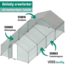 Das VOSS.farming Hühner Freilaufgehege 170x300x195cm verfügt über eine Dachabdeckung, einen Seitenanbau und beschriftete Teile zur einfachen Erweiterung.