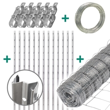 Das VOSS.farming 50m Classic Wildzaun Komplettset beinhaltet Z-Profilpfosten, Spanndraht, Drahtspanner und eine Rolle Knotengeflecht.