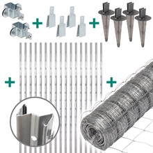 Das VOSS.farming 50m Premium Wildzaun Komplettset beinhaltet Z-Profilpfosten, Schellen, Kappen, Erdteller und Knotengeflecht.