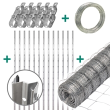 Das VOSS.farming 50m Premium Plus Wildzaun Komplettset beinhaltet Z-Profilpfosten, Spanndraht, Drahtspanner und Knotengeflecht.