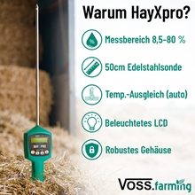 VOSS.farming HayXpro Heufeuchtemessgerät: Feuchtigkeitsmessgerät für Heu, Stroh & Silage mit langem Messstab, LCD-Display, robustem Gehäuse & 8,5-80 % Messbereich.