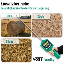 Der VOSS.farming HayXpro Heufeuchtemesser ist ein Feuchtemessgerät für Heu, Stroh und Silage mit deutschem Text zur Beschreibung der Anwendung.
