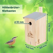 3x VOSS.garden Nistkasten "Creek", Natur - massiv Holz, Wildvögel, Metalldach, Ø 32mm