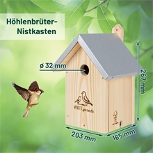 VOSS.garden Nistkasten "Hazel", Natur - massiv Holz, Wildvögel, Metalldach, Ø 32mm