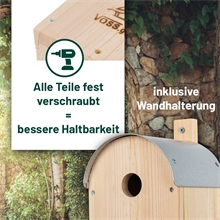 3x VOSS.garden Nistkasten "Baker", Natur - massiv Holz, Blaumeise, Metalldach halbrund, Ø 32mm