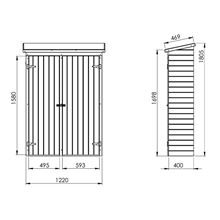 Die technische Zeichnung von VOSS.garden „Gartenschrank/Gartenschuppen“ zeigt Vorder- und Seitenansichten mit den Maßen: Höhe 1700–1800 mm, Breite 1310 mm, Tiefe 480 mm. Mit Doppeltüren und einem schrägen Dach. Imprägnierte Ausführung.