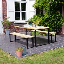 Sitzgarnitur - Tisch 180 x 80cm mit zwei massiven Bänken, schwarzer Stahlrahmen, Kiefer