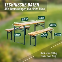 VOSS.garden Bierzeltgarnitur 110cm, klappbar: Set mit 1 Tisch und 2 Bänken aus Holz, von VOSS.garden. Abgebildet mit deutschen Angaben zu Maßen und Belastbarkeit auf unscharfem Outdoor-Hintergrund.