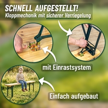 Das VOSS.garden Bierzeltgarnitur 110cm Set (1 Tisch + 2 klappbare Holzbänke) von VOSS.garden hat grüne Metallbeine und ist im Freien mit einem Kind auf einer Bank sitzend abgebildet.