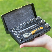 Steckschlüssel + Bitsatz 6,35mm, 25-teilig, Schlüsselkasten