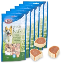 6x Trixie PREMIO Fish Chicken Rolls, Hundeleckerli mit Hühnchen und Seelachs, 75g