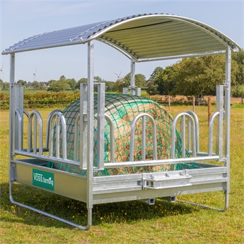 VOSS.farming Heuraufe Spar-Set, 2x2m mit Dach und Palisadenfressgitter + Futtersparnetz + Rahmen