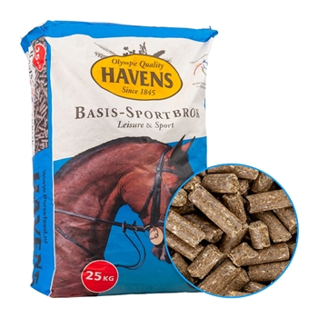 Ein 25-kg-Sack HAVENS Basis-Sportbrok-Pferdefutter mit einem eingefassten Kreis, in dem die braunen, zylindrischen Pellets zu sehen sind.