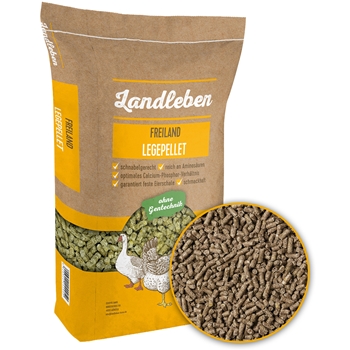 Auf einem braunen Sack mit der Aufschrift „EQUOVIS GmbH Landleben Freiland Legepellet – Legehennenfutter, Hühnerfutter, Legepellets“ sind Hühner und Gänse abgebildet. In einem kreisförmigen Feld ist das grünlich-braune Pelletfutter zu sehen. Im Text werden insbesondere der hohe Aminosäuregehalt und ein optimales Kalzium-Phosphat-Verhältnis für die Gesundheit der Geflügel hervorgehoben.