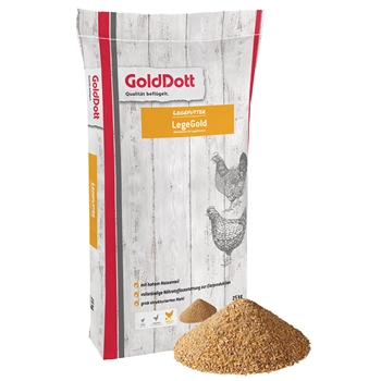 Ein 25-kg-Sack „EQUOVIS GmbH GoldDott LegeGold Legehennenfutter Alleinfutter Legemehl für Geflügel“ ist aufrecht abgebildet, davor liegt ein Haufen Futter. Der weiße Sack hat rote und gelbe Akzente und ist mit Abbildungen von Hühnern verziert.