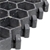 Nahaufnahme der VOSS.farming Paddockplatte Rasengitter, schwarze sechseckige Gitter-Kunststofffliesen mit erhabenen Verbindungsstücken, 50 x 40 x 4 cm, von VOSS.farming, auf weißem Hintergrund.