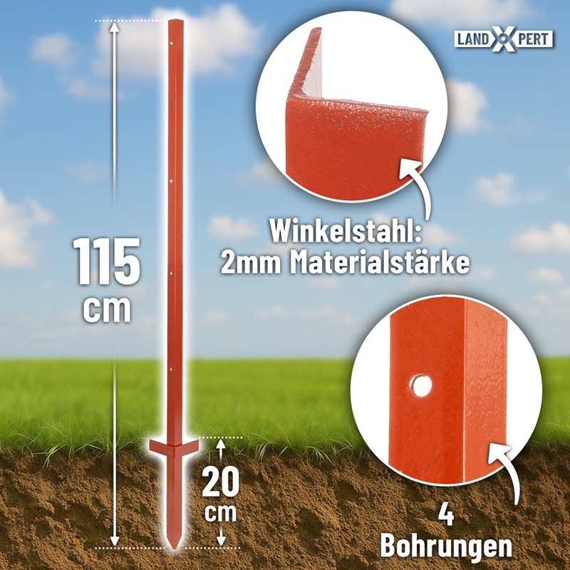 Großansicht der Bildergalerie Red LandXpert Winkelstahlpfähle 115 cm, 2 mm, rot – Winkelstahlpfähle mit einer Länge von 115 Zentimetern, vier vorgebohrten Löchern und einer Materialstärke von 2 Millimetern.