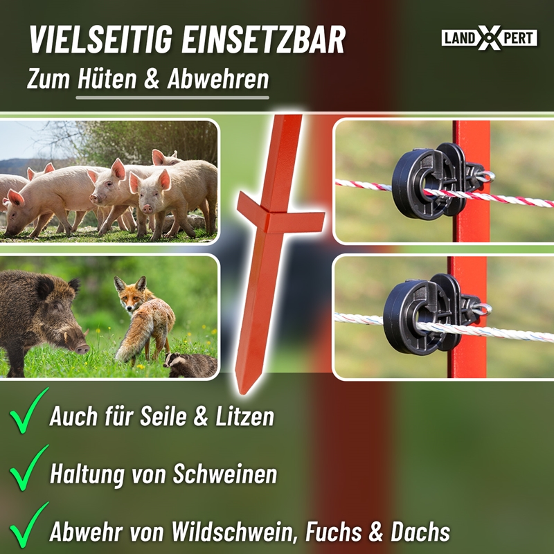 Großansicht der Bildergalerie Collage mit 10 LandXpert-Winkelstahlpfählen (115 cm, 2 mm, rot) – rote Metallwinkelpfähle für Elektrozäune – sowie Bildern von Schweinen, Wildschweinen, einem Fuchs und einem Dachs, ergänzt durch einen Text über den landwirtschaftlichen Einsatz zum Schutz von Nutztieren und Wildtieren.