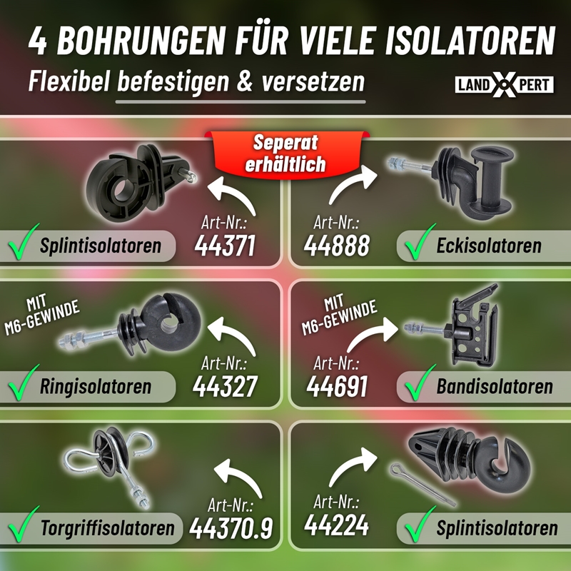 Großansicht der Bildergalerie Eine Infografik, die sechs verschiedene Arten von Elektrozaunisolatoren zeigt, darunter die 10x LandXpert Winkelstahlpfähle 115 cm, 2 mm, rot, mit den dazugehörigen Artikelnummern.